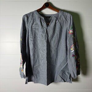 Talbots Long Sleeve Black & White Stripe with Floral Embroidery 100% Cotton Sz L